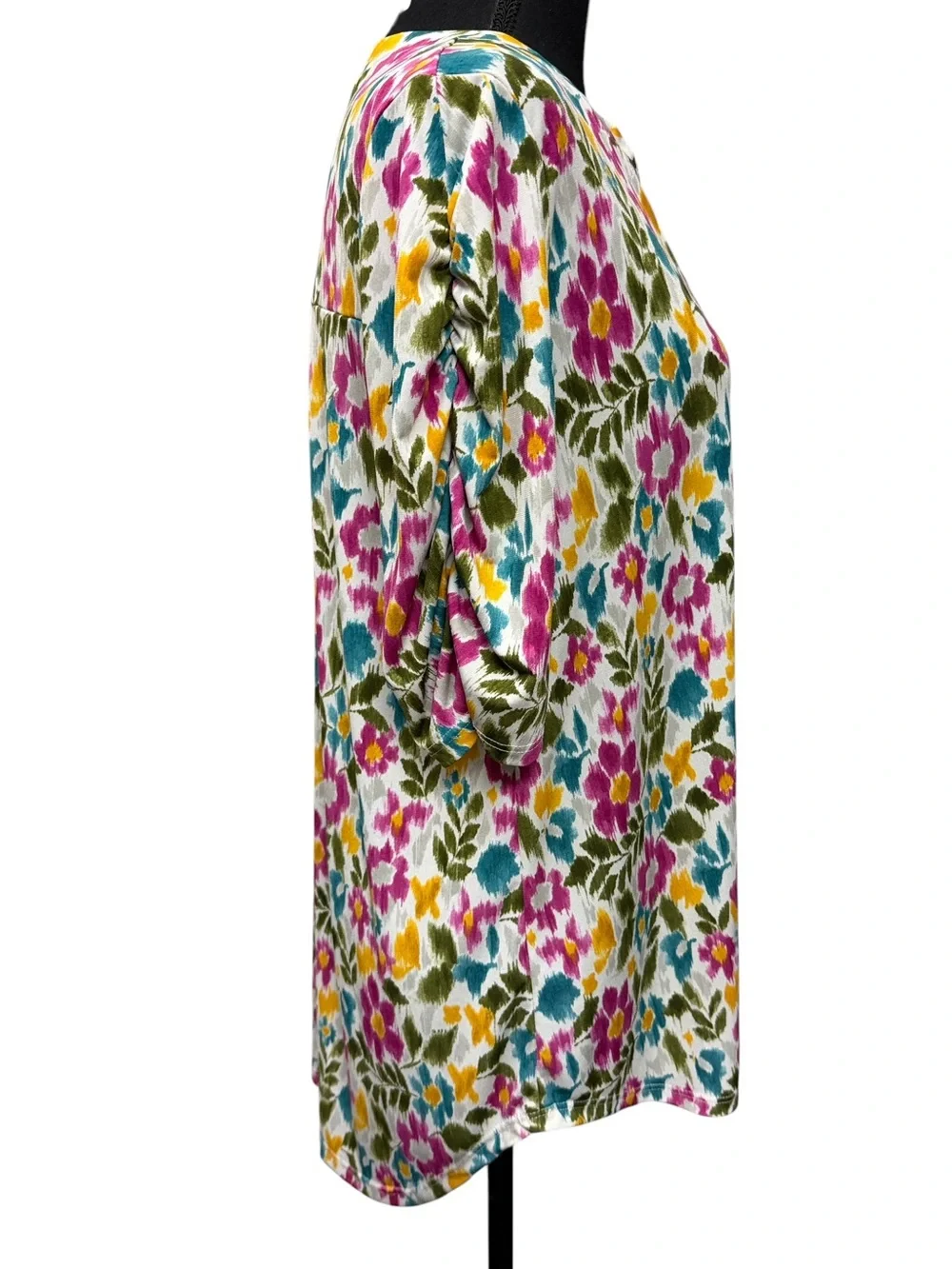 White Birch Floral Boho Tunic Top Medium Pink Teal Mustard Relaxed Fit